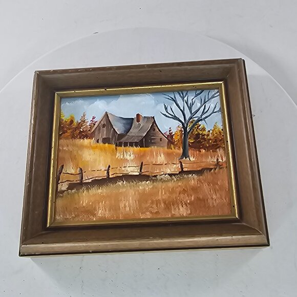 Rustic Farmhouse Landscape Oil Painting In Wooden Frame Autumn Scene Barn Tree - Picture 8 of 8